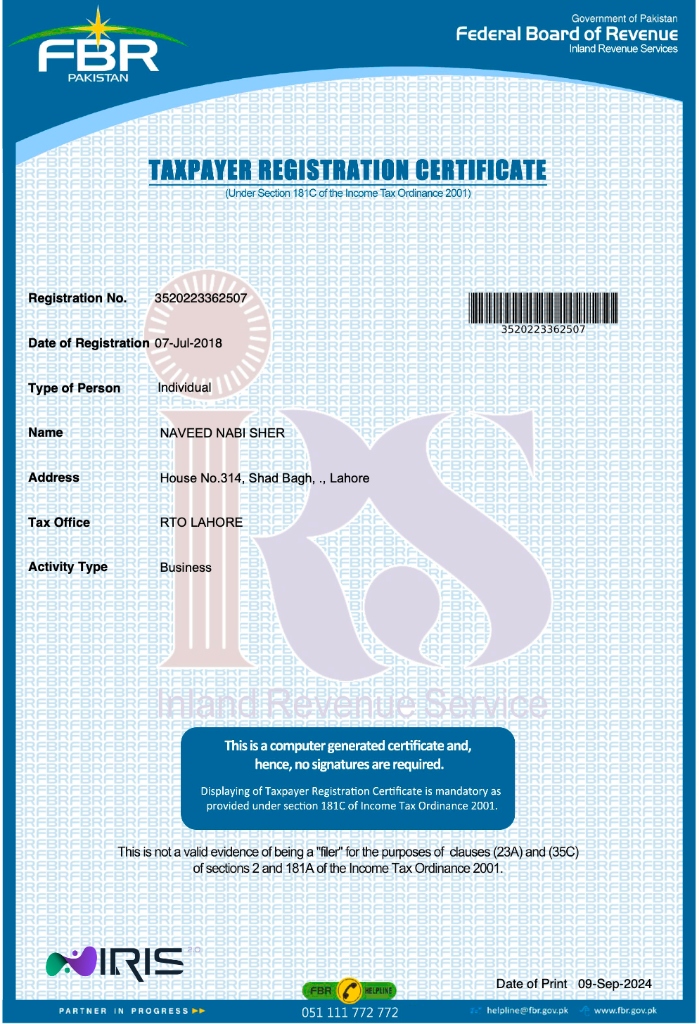 FBR Taxpayer Registration Certificate — Naveed Nabi Sher