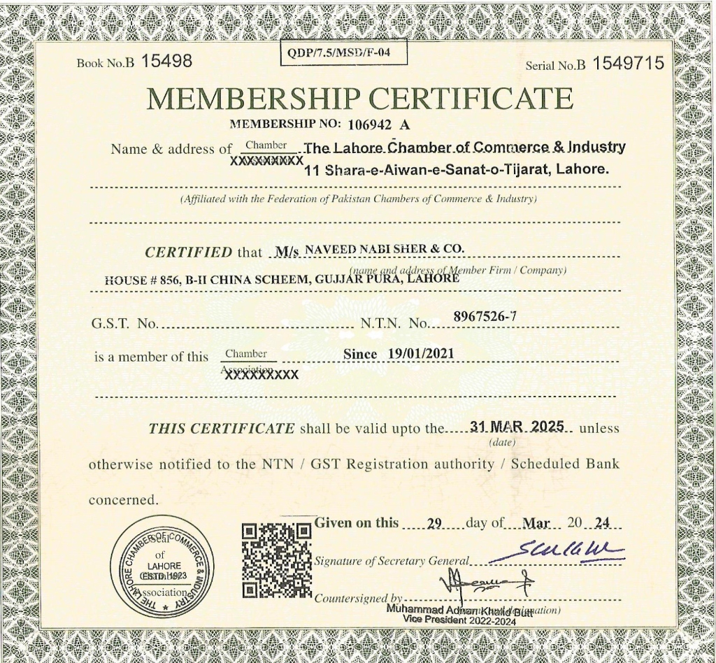 Lahore Chamber of Commerce and Industry Membership Certificate — Naveed Nabi Sher & Co.